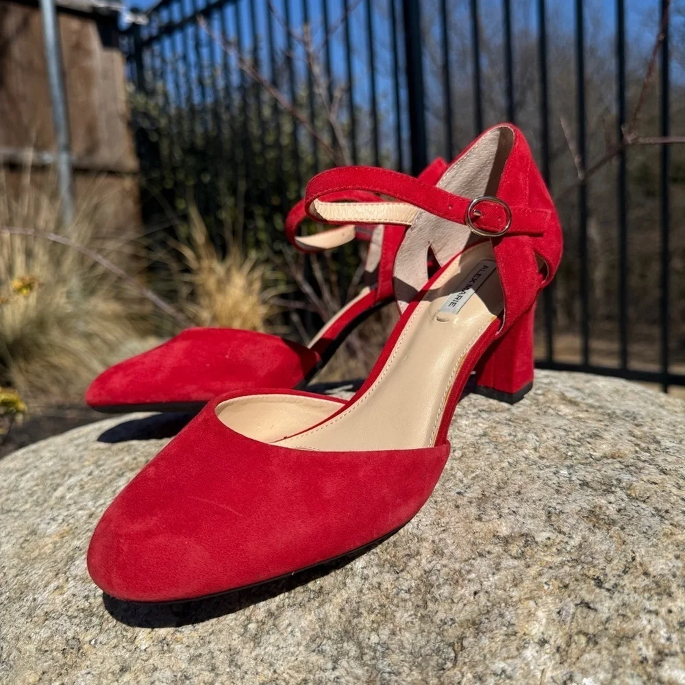 Alex Marie Womens Red Suede Ankle Strap Block Heel Pointed Toe Pumps Size 7M